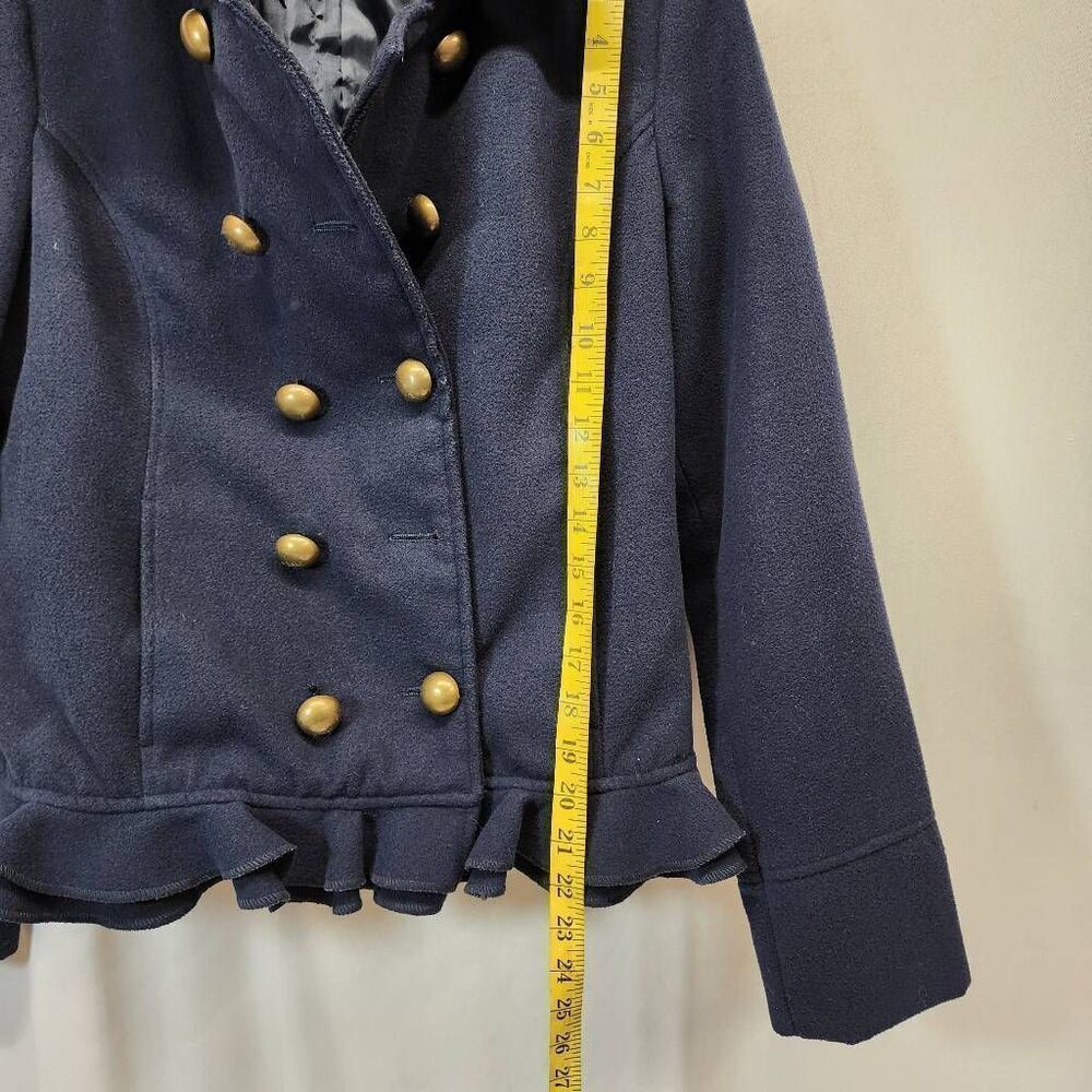 Prévue Navy Ruffle Hem Peacoat Jacket Medium Gold Button Double Breasted - Picture 3 of 8